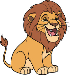 Cute cartoon lion sitting and smiling, adorable jungle animal illustration, happy wildlife character, funny king of jungle, children’s vector artwork
