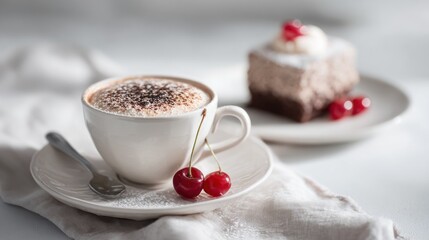 Delightful cappuccino accompanied by delicious chocolate dessert and fresh cherries