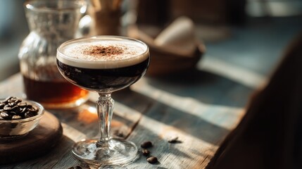 Elegant Coffee Cocktail Presentation with Foam and Cocoa Dusting Design