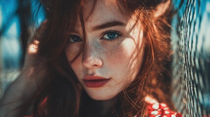 Intense gaze of a beautiful red haired woman with freckles and blue eyes