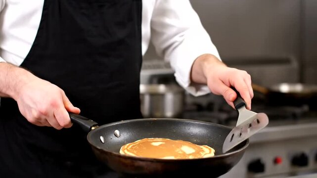 Chef skillfully flipping a pancake in a professional kitchen with cooking equipment in the background