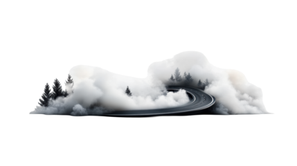 Curved Road in Misty Forest on Transparent Background