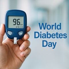 Hand holding glucose meter measuring blood sugar level for world diabetes day