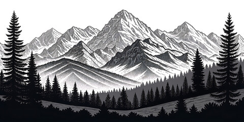 An Monochrome mountain landscape vector image with snow peak, layered ranges, dark evergreens, sunrise glow, woodcut style symmetry