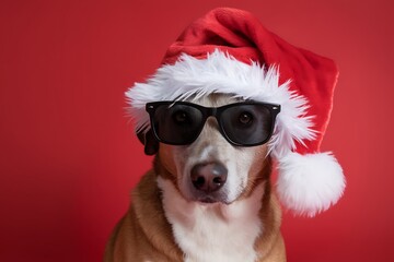A cool dog with a Santa hat and sunglasses ready for a Merry Christmas celebration against a vibrant red background.