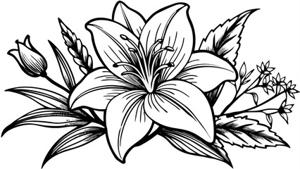 Obraz premium Very beautiful black-and-white engraved vector illustration of a lily flower, with wild spring leaves and wildflowers, isolated on a white background, showcasing detailed botanical and floral elements