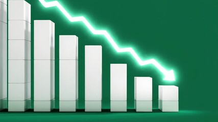 Green background, descending arrow on financial bar graph. Business loss chart with falling trend line. Digital stock market data visualization for investment analysis. Bad investment. - Powered by Adobe