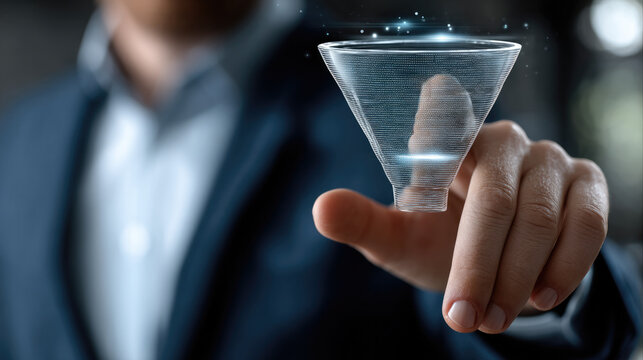 Businessman touching digital sales funnel hologram, marketing strategy, lead generation, technology, innovation concept - Powered by Adobe