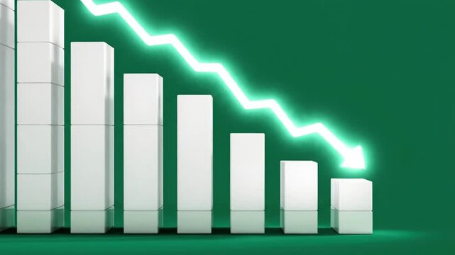 Green background, descending arrow on financial bar graph. Business loss chart with falling trend line. Digital stock market data visualization for investment analysis. Bad investment.