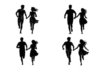 Silhouettes of happy couples holding hands and running together in a romantic gesture, conveying love and freedom