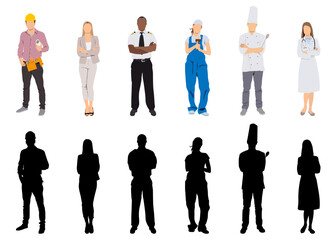 Diverse professions with silhouette. Collection of cartoon characters representing various occupations
