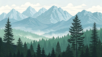 An Illustration of mountain landscape vector image with snow peak, layered ranges, dark evergreens, sunrise glow, woodcut style symmetry