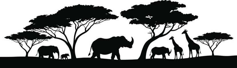 African savanna silhouette, wildlife landscape, elephant and giraffe icons, acacia tree shapes, nature scene, black vector design, travel illustration set