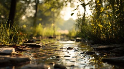 Tranquil stream flows through a lush forest, nature's serene watercourse