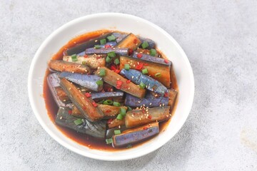 Gaji-namul is steamed Korean eggplant seasoned with fish sauce, garlic, scallions, soy sauce, chili...