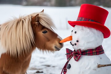 Whimsical Winter Scene: A Charming Pony Interacts Playfully with a Festive Snowman on a Snowy Day