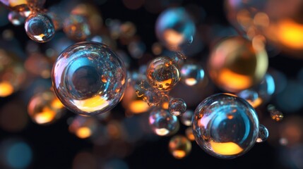 Naklejka premium An abstract illustration featuring colorful bubbles floating against a dark background, creatively showcasing vibrant colors and reflections.