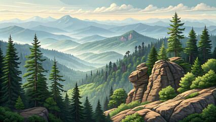 An Monochrome mountain landscape vector image with snow peak, layered ranges, dark evergreens, sunrise glow, woodcut style symmetry