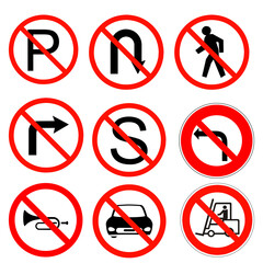 Realistic red circle prohibition traffic signs vector set for road safety, guidance, and driving awareness illustration.