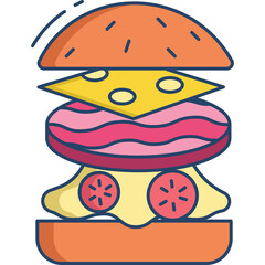Stylized Illustration of a Multi Layered Burger with Cheese Meat and Vegetables on a Transparent Background