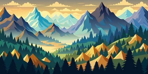 An Illustration of mountain landscape vector image with snow peak, layered ranges, dark evergreens, sunrise glow, woodcut style symmetry