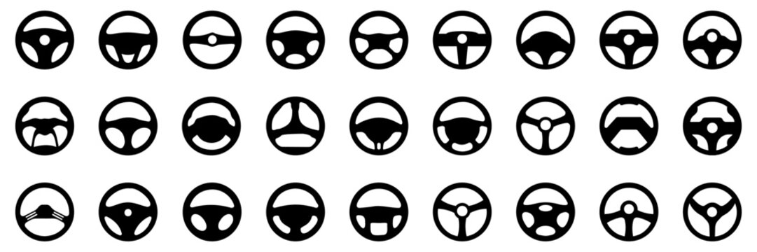 Steering wheel icon collection in simple black style. Variety of automotive designs for driving and transportation themes