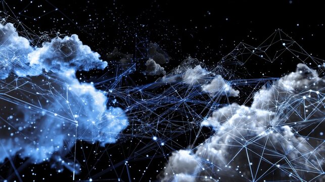 A digital abstract illustration showing clouds connected by networks of light, creating a creative and futuristic atmosphere against a dark background.