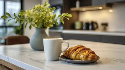 A warm cup of coffee and a flaky croissant on a plate sit on a white marble countertop with a vase of green leaves in a modern kitchen setting - Powered by Adobe