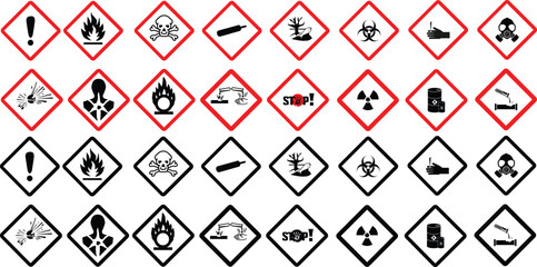 GHS pictograms. Warning Hazard Hazardous Danger Dangerous Icon set. Explosive Flammable Oxidizing Compressed Gas Corrosive Toxic Harmful Corrosive Environmentally Unsafe Vector Symbols