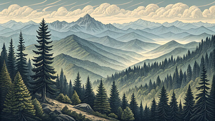 An Monochrome mountain landscape vector image with snow peak, layered ranges, dark evergreens, sunrise glow, woodcut style symmetry