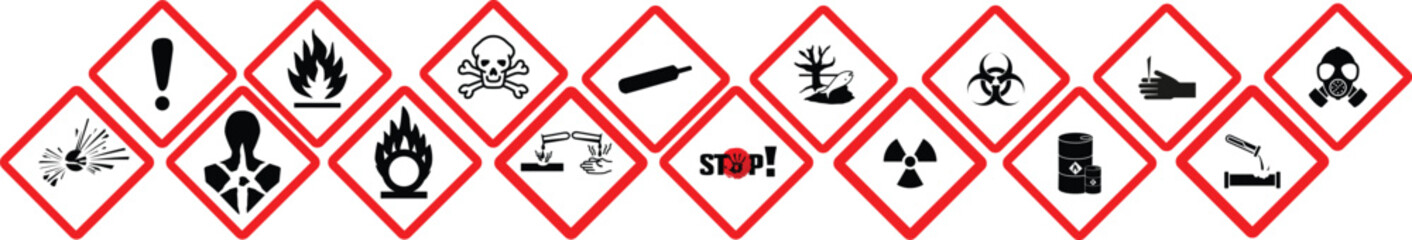 GHS pictograms. Warning Hazard Hazardous Danger Dangerous Icon set. Explosive Flammable Oxidizing Compressed Gas Corrosive Toxic Harmful Corrosive Environmentally Unsafe Vector Symbols