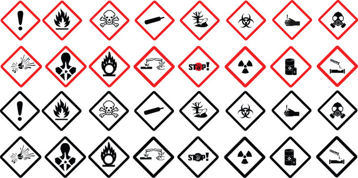 GHS pictograms. Warning Hazard Hazardous Danger Dangerous Icon set. Explosive Flammable Oxidizing Compressed Gas Corrosive Toxic Harmful Corrosive Environmentally Unsafe Vector Symbols