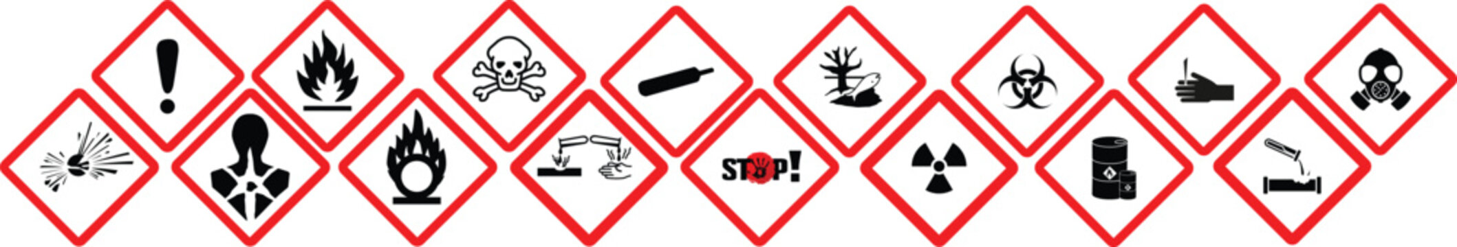 GHS pictograms. Warning Hazard Hazardous Danger Dangerous Icon set. Explosive Flammable Oxidizing Compressed Gas Corrosive Toxic Harmful Corrosive Environmentally Unsafe Vector Symbols