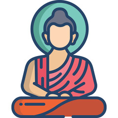 Stylized illustration of Buddha meditating cross-legged wearing saffron robes with a teal halo against a transparent background.