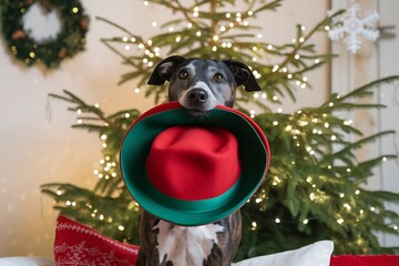 An Adorable Dog Delivers Holiday Cheer with a Festive Hat in Front of a Glowing Christmas Tree 