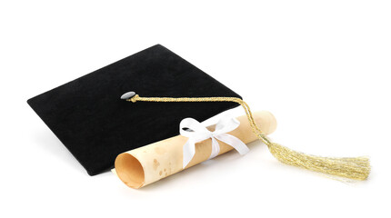 Diploma and graduation hat isolated on white
