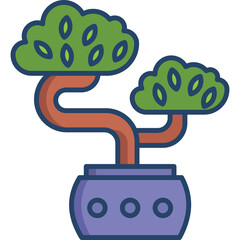 Stylized illustration of a green leafed bonsai tree in a purple pot with a brown trunk on a transparent background