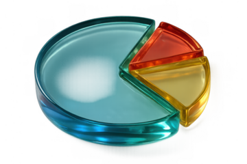 Glass pie chart showing business data analysis, marketing statistics, and financial information on transparent background