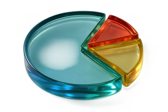Glass pie chart showing business data analysis, marketing statistics, and financial information on transparent background