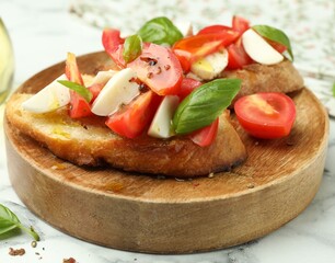Tasty bruschettas with mozzarella cheese, tomatoes and basil on white marble table, closeup