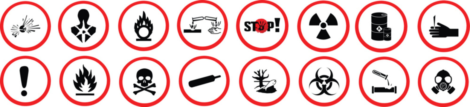 GHS pictograms. Warning Hazard Hazardous Danger Dangerous Icon set. Explosive Flammable Oxidizing Compressed Gas Corrosive Toxic Harmful Corrosive Environmentally Unsafe Vector Symbols