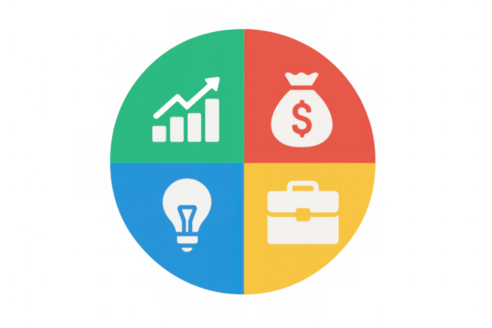 Business development cycle showing progress, profit, innovation, and professional work, ideal for finance and strategy concepts