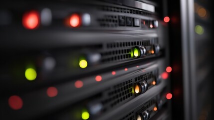A close-up of a server rack displaying various colored lights indicating operational status. The image has a modern, technological feel.