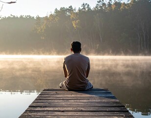 Solitary Figure Meditating on Wooden Dock Amidst Misty Lake at Sunrise