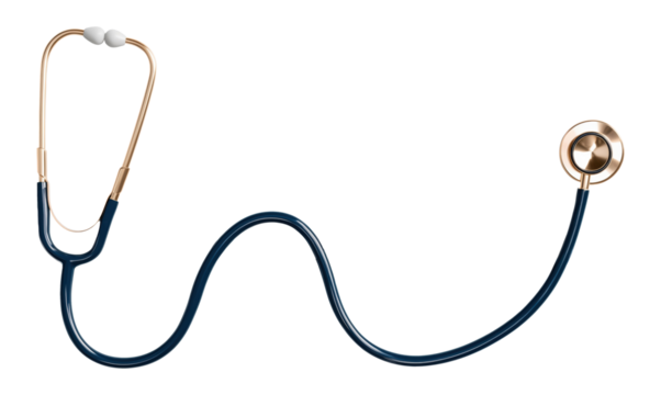 Medical stethoscope with blue tubing and metal chest piece, isolated on transparent background