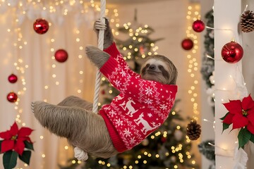 Adorable Sloth in Christmas Sweater Grasps Rope, Radiating Festive Cheer Amidst Holiday Decorations and Lights