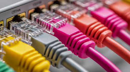 Series of vibrant colored network cables plugged into an ethernet switch highlighting data connectivity and modern communication technology infrastructure