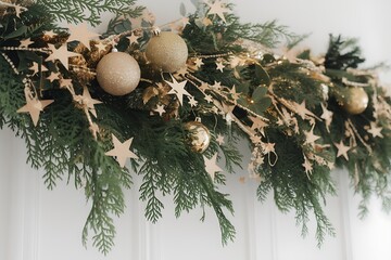Elegant Christmas Garland Adorned with Golden Ornaments and Twinkling Star Decorations for Holiday Cheer