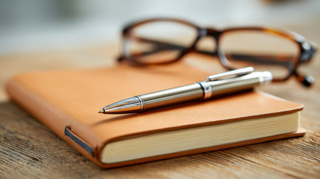 A stylish silver pen resting on a leather-bound journal with reading glasses on a rustic wooden surface in soft natural light for journaling or writing concepts - Powered by Adobe