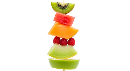 Colorful fruit skewer isolated on transparent background, featuring kiwi, watermelon, melon, raspberries, apple, and lime